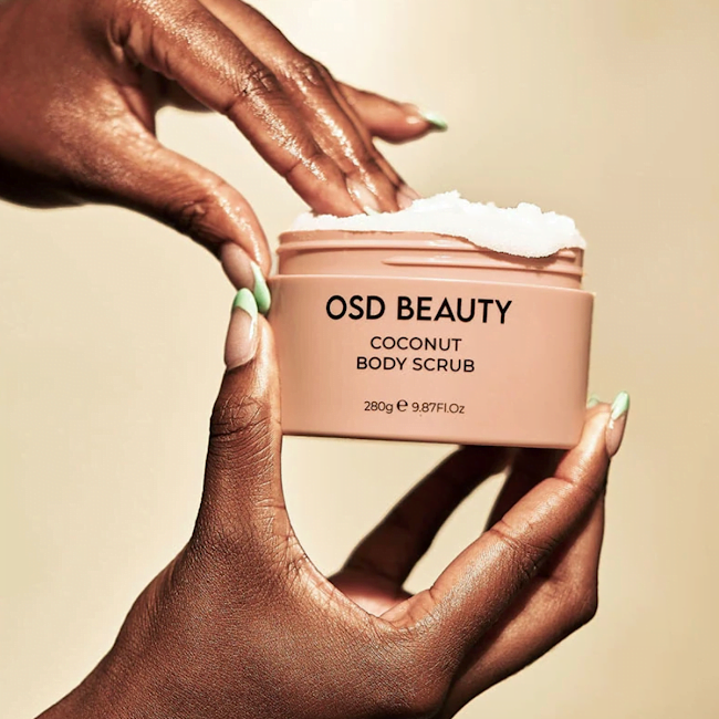 OSD BEAUTY body scrub product image via Taylor Mohrhardt for use by 360 MAGAZINE