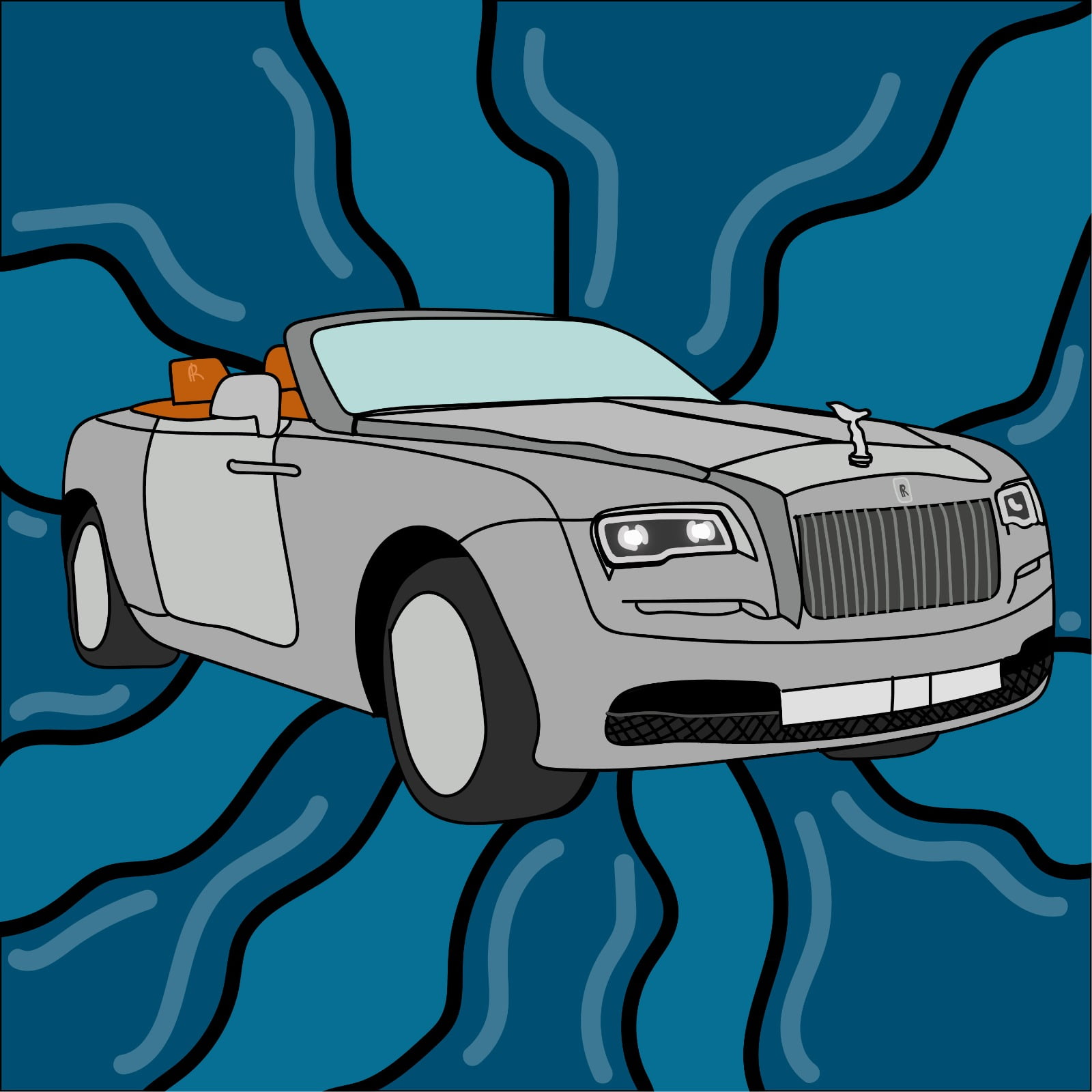 Rolls-Royce Dawn convertible illustration by Rita Azar for 360 Magazine