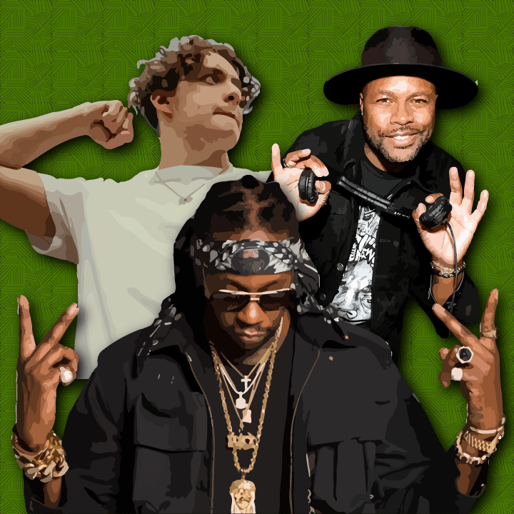 D-Nice, 2 Chainz, Jack Harlow illustration by Heather Skovlund for 360 Magazine