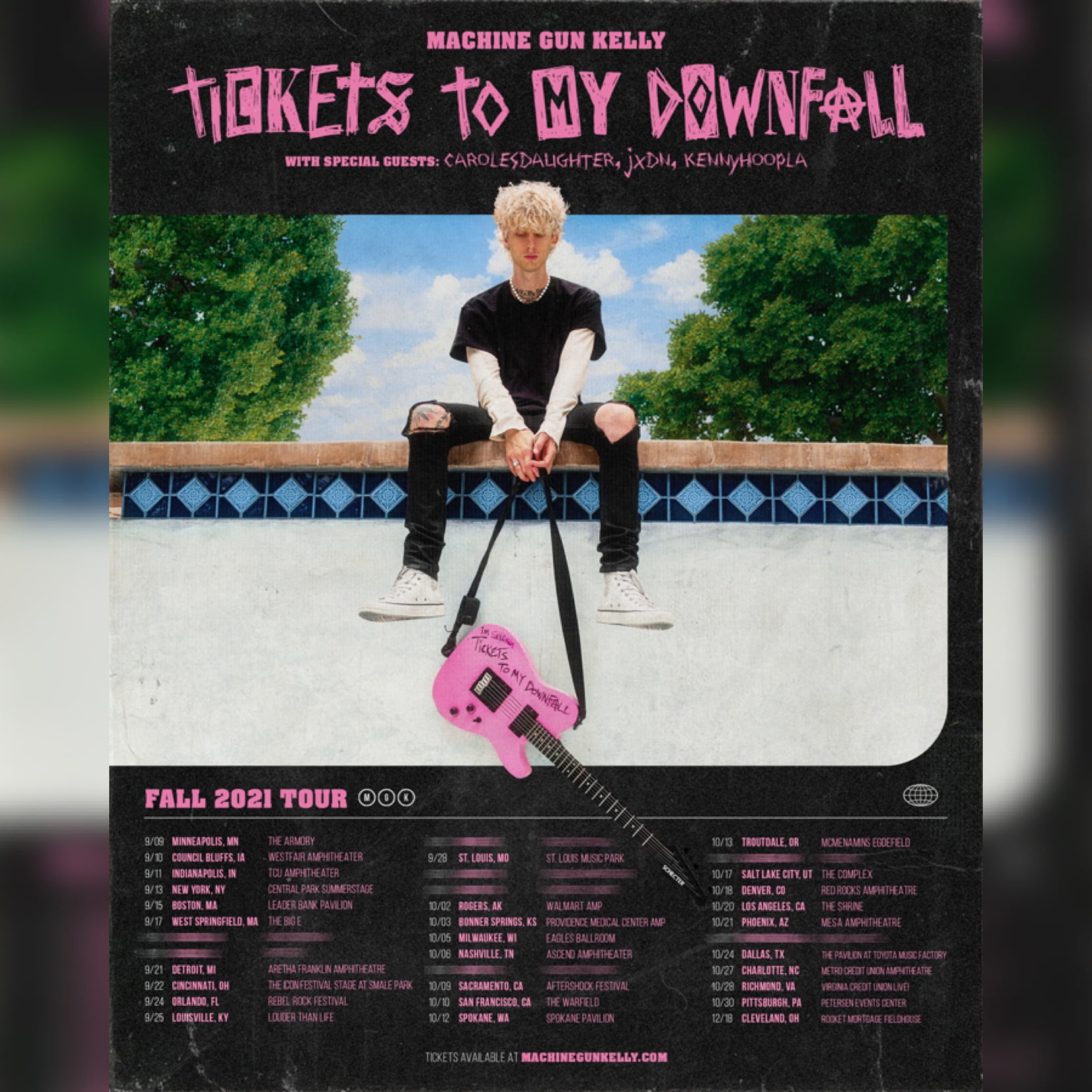 MGK “TICKETS TO MY DOWNFALL” Fall 2021 US tour poster via Rogers and Cowan PMK and Interscope Records for use by 360 Magazine