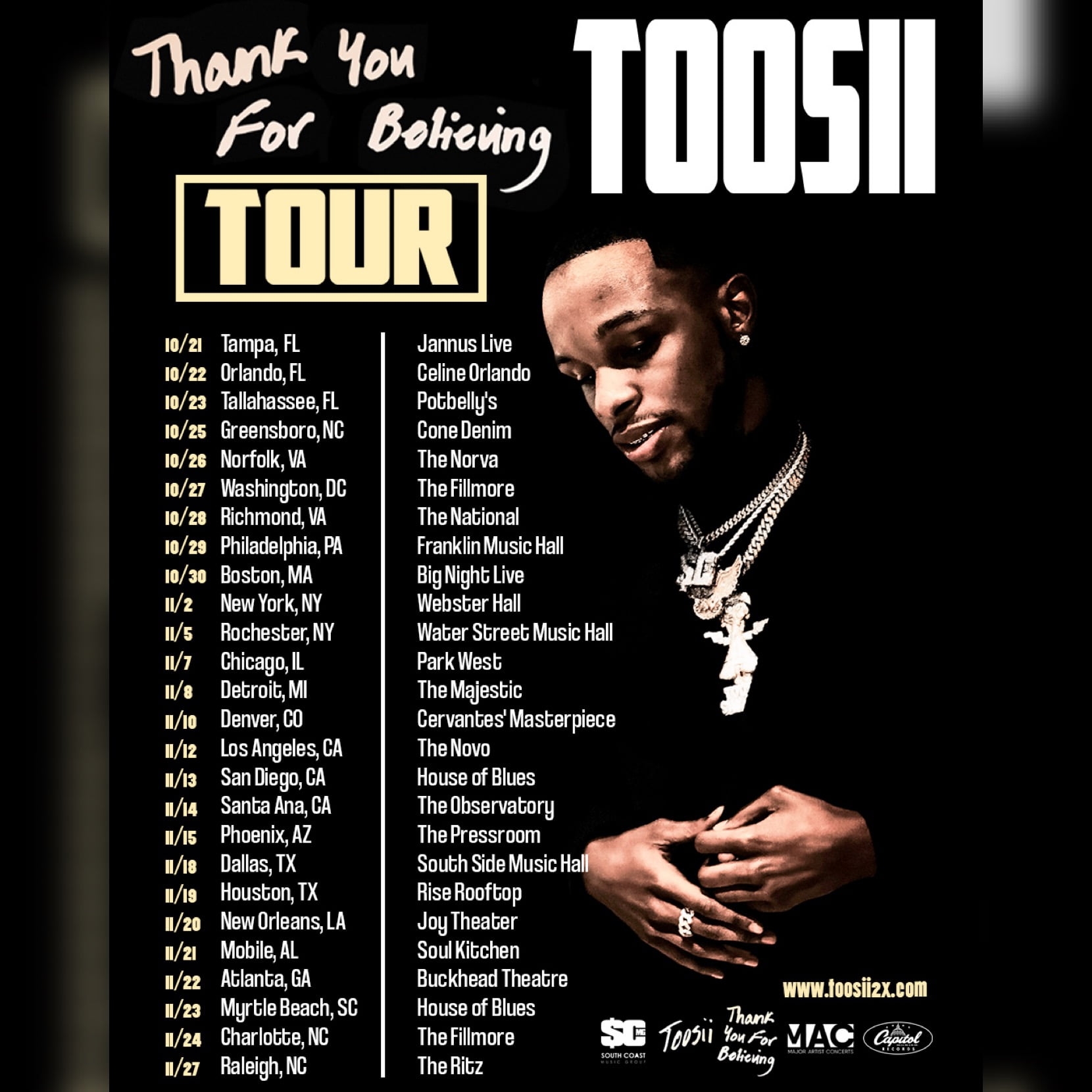 Toosii Tour Poster courtesy of Capitol Music group for use by 360 Magazine