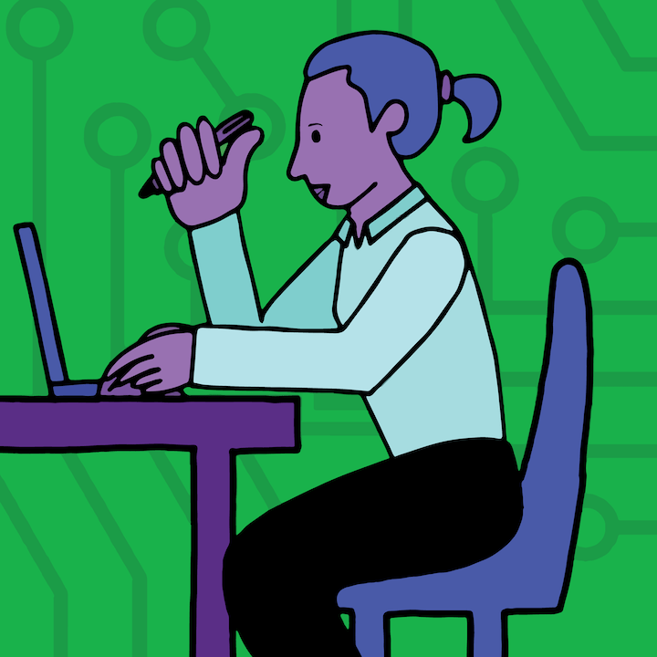 Woman at computer illustration by Mina Tocalini