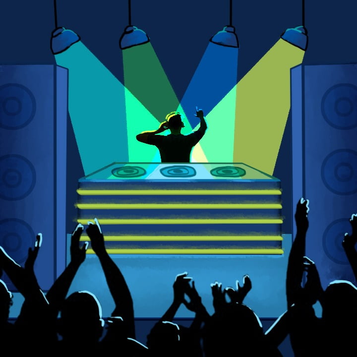 DJ illustration by Alex Bogdan for use by 360 Magazine