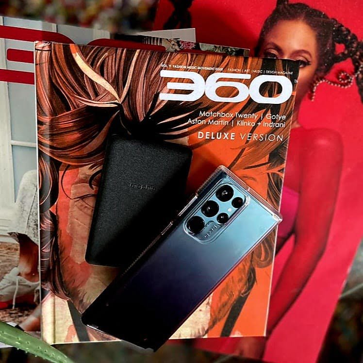 Milan Color Gradient Case and snap+ juice pack mini wallet showcasing 360 Magazine's NFT  atop issues of Glove, Tamar Braxton and David Bendavid w/ Beyoncé Ivy Park and Adidas e-zine via Armon Hayes for use by 360 MAGAZINE