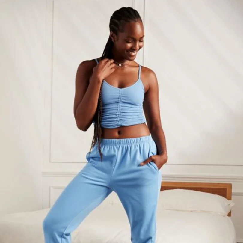 Fabletics Earth Day capsule blue recycle material set via Carli Bendetti (Fabletics) for use by 360 Magazine