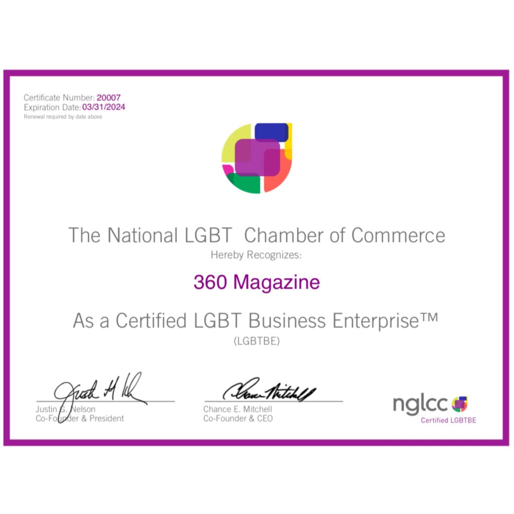 NGLCC certificate via Vaughn Lowery for use by 360 MAGAZINE