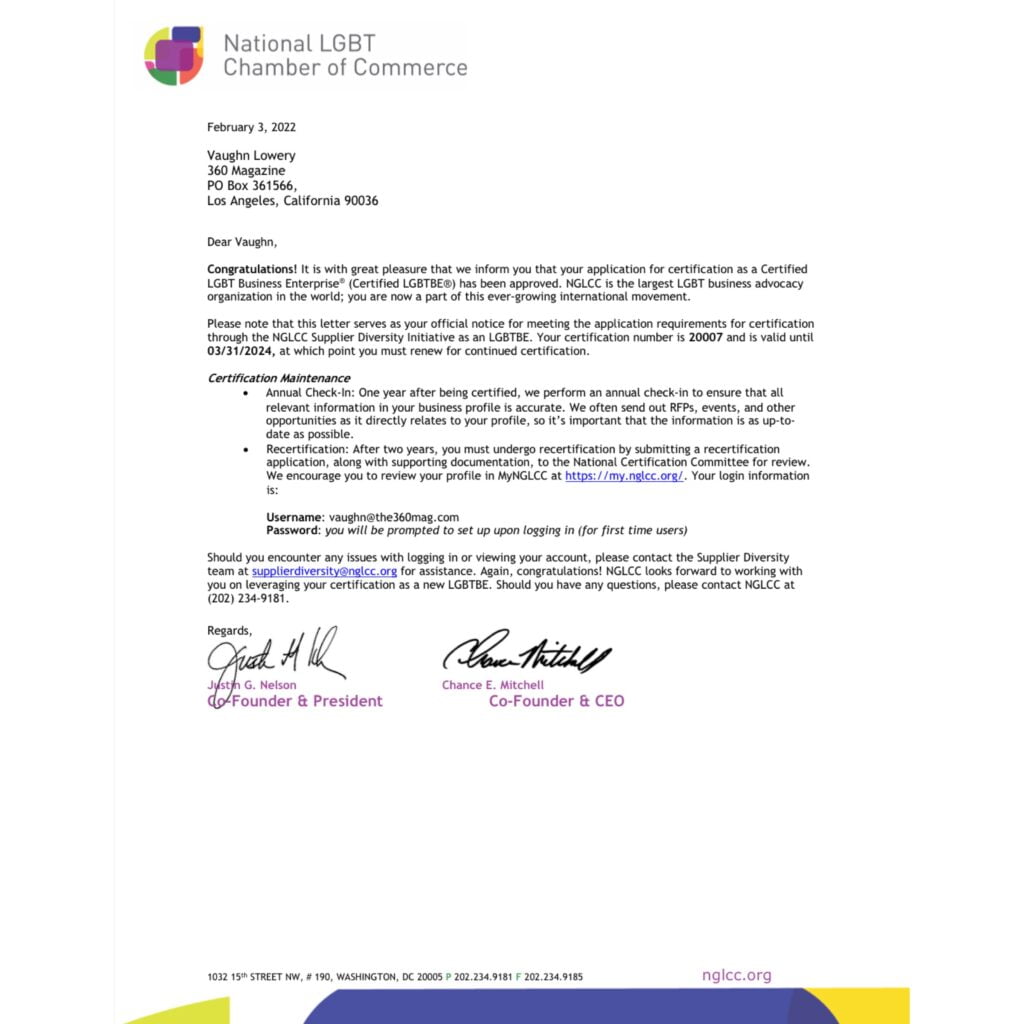NGLCC certification letter via Vaughn Lowery for use by 360 MAGAZINE