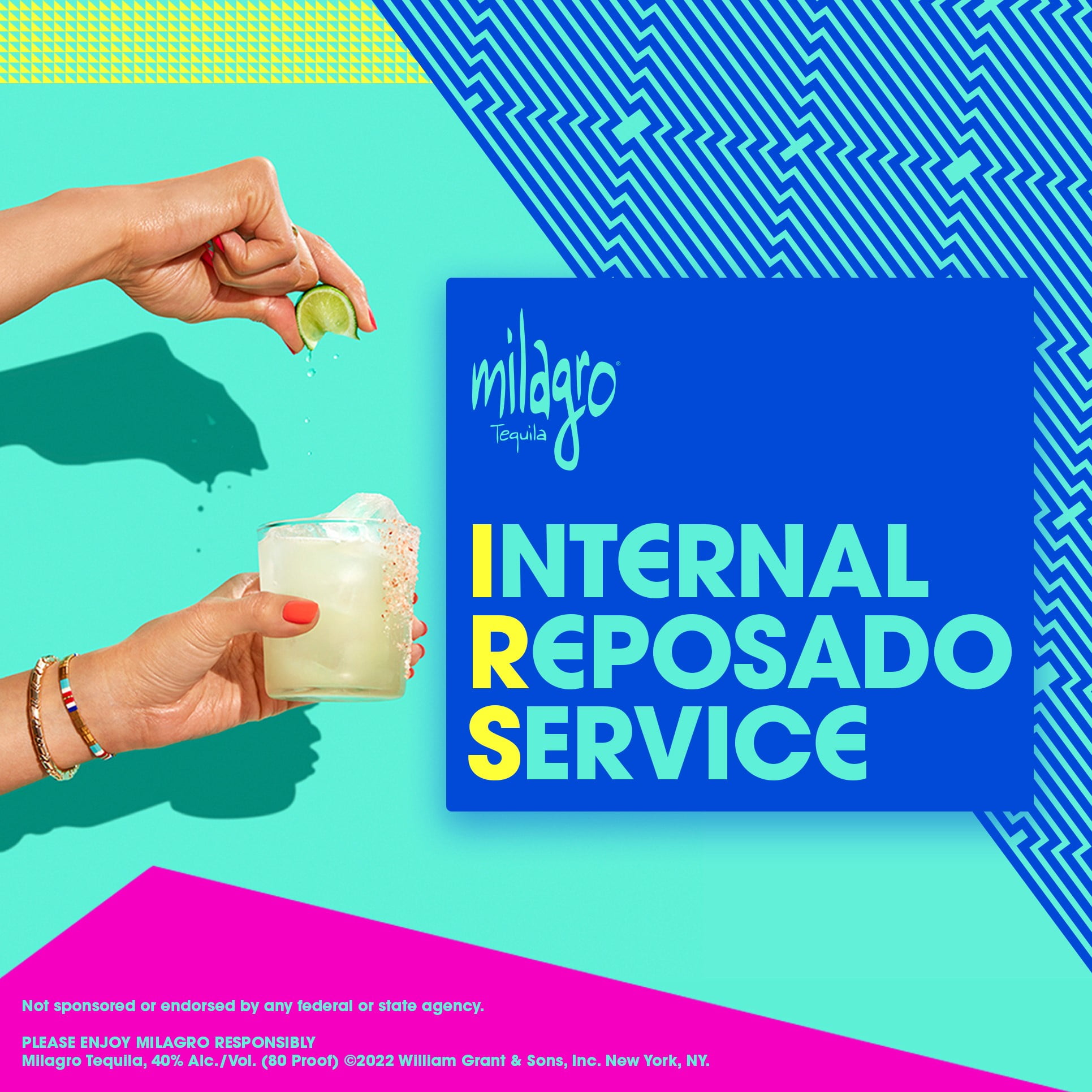 Milagro Tequila graphic stating "Internal Reposado Service" via Sidney Dizon (M&C Saatchi) for use by 360 Magazine
