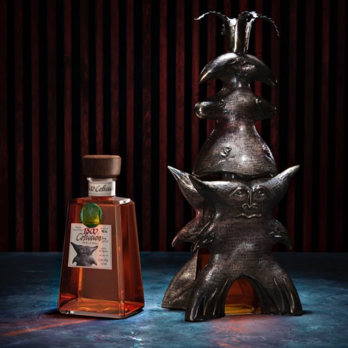 Leonora Carrington “El Rey del Tequila” (2009) decanter with corresponding bottle of 1800 Colección Tequila