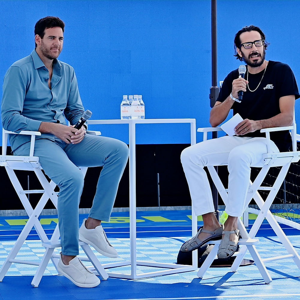 NEW YORK, NEW YORK - SEPTEMBER 10: (L-R) Juan Martin del Potro and Vicente Munoz speak at GLAM SLAM Presented by NYFW: The Shows and Chase Sapphire Session 4: Back to Sport, with a Gonnie Garko DJ set programmed by Maison Kitsune at Spring Studios on September 10, 2022 in New York City. (Photo by Bryan Bedder/Getty Images for IMG) via 360 MAGAZINE