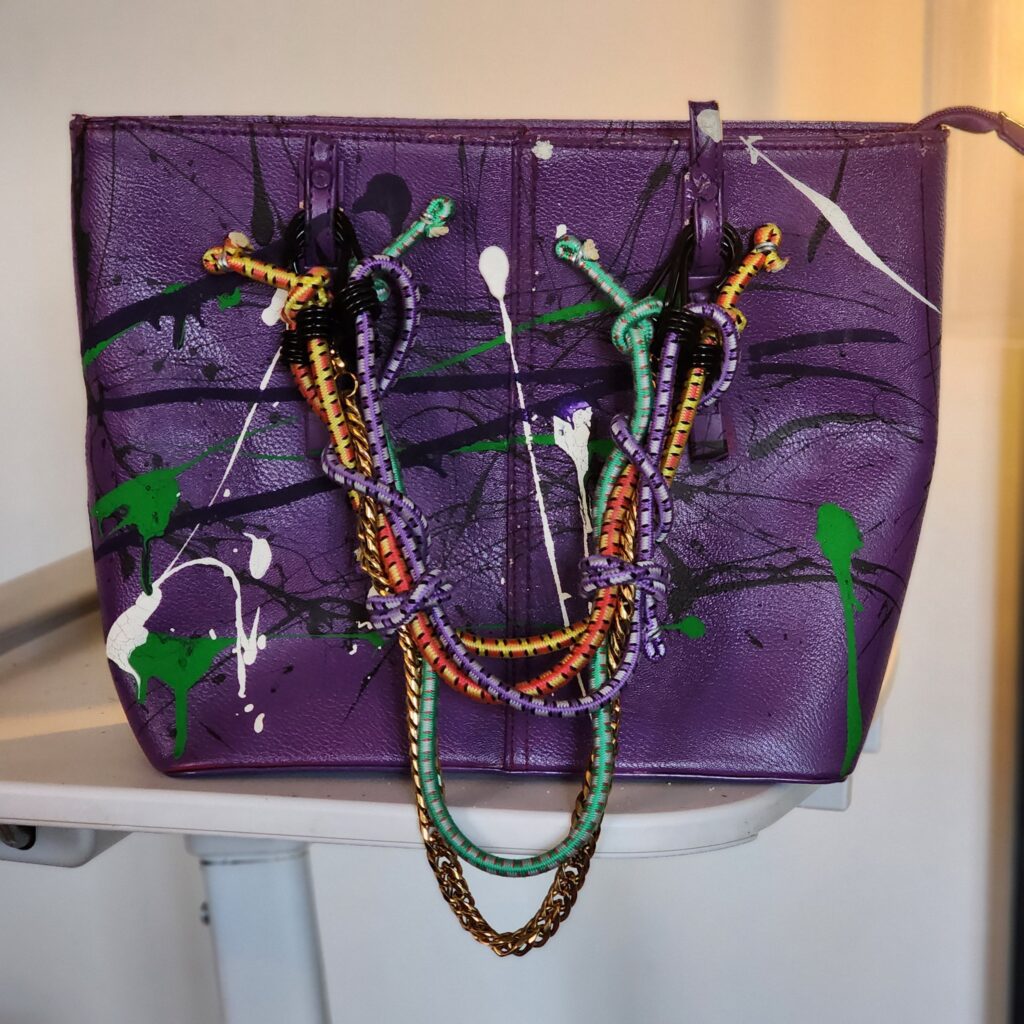 Vaughn Lowery upcycles fashionable tote for upcoming art exhibition Spring-Summer 2023 via 360 MAGAZINE in NYC.