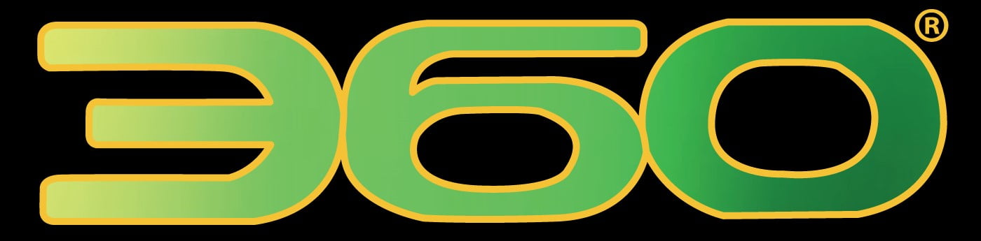 360 MAGAZINE official logo in green gradient with gold outline.
