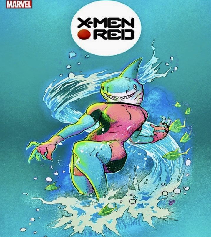 Photo of X-men character Shark-Girl representing her character pictured in water with waves in the background.