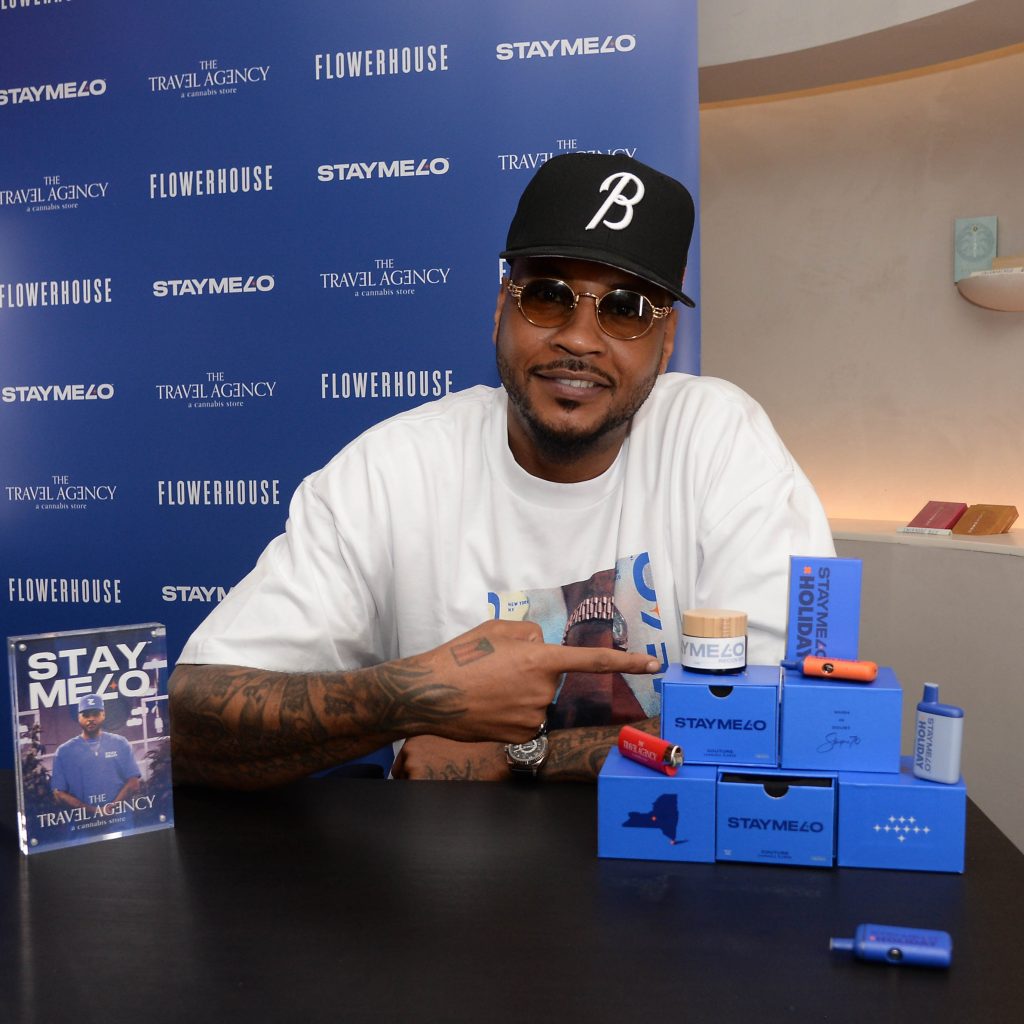 former new york knick and nba superstar Carmelo Anthony launches his cannabis at the travel agency in nyc via 360 MAGAZINE shot by getty images/Michael Simon.
