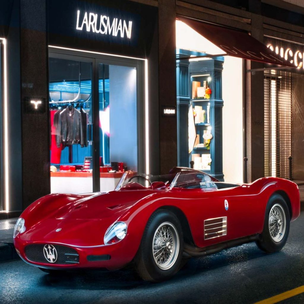 Maserati 200S on show at LARUSMIANI Automotive Gallery during Milan Design Week 2025 via 360 Magazine.