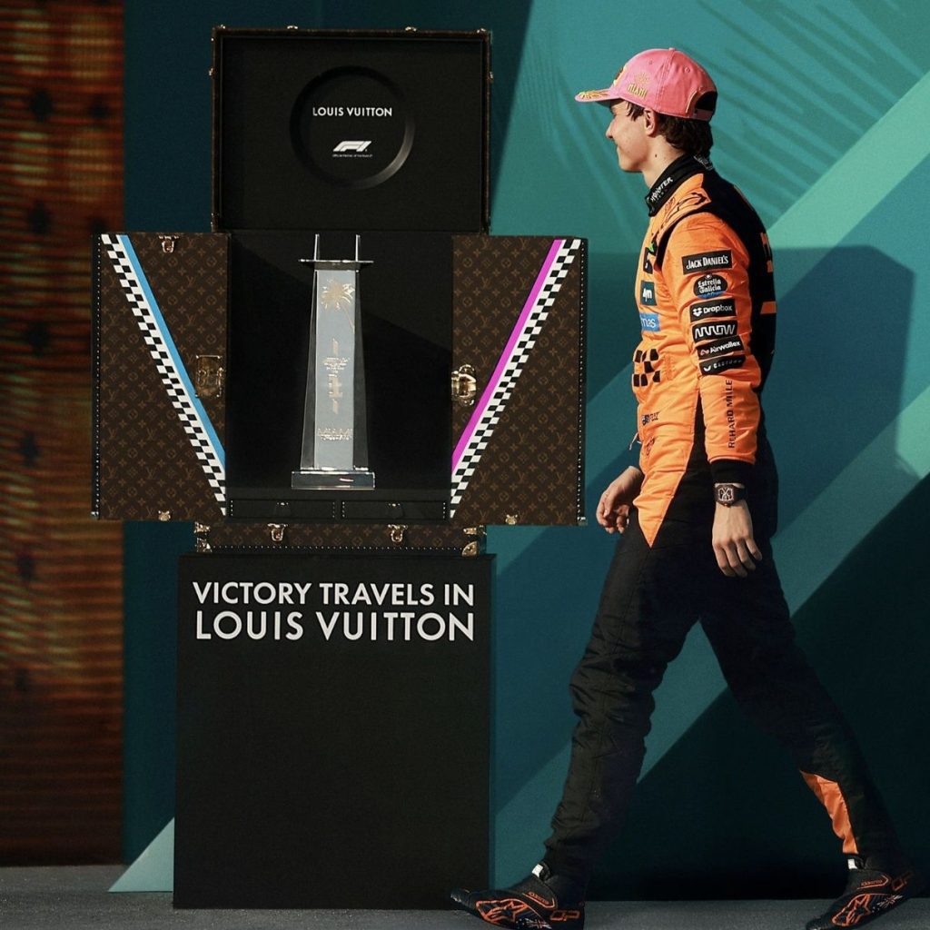 Oscar Piastri wins the trophy of the FORMULA 1® CRYPTO.COM MIAMI GRAND PRIX 2025 in Miami, presented in its bespoke Louis Vuitton Trophy Trunk via 360 MAGAZINE.