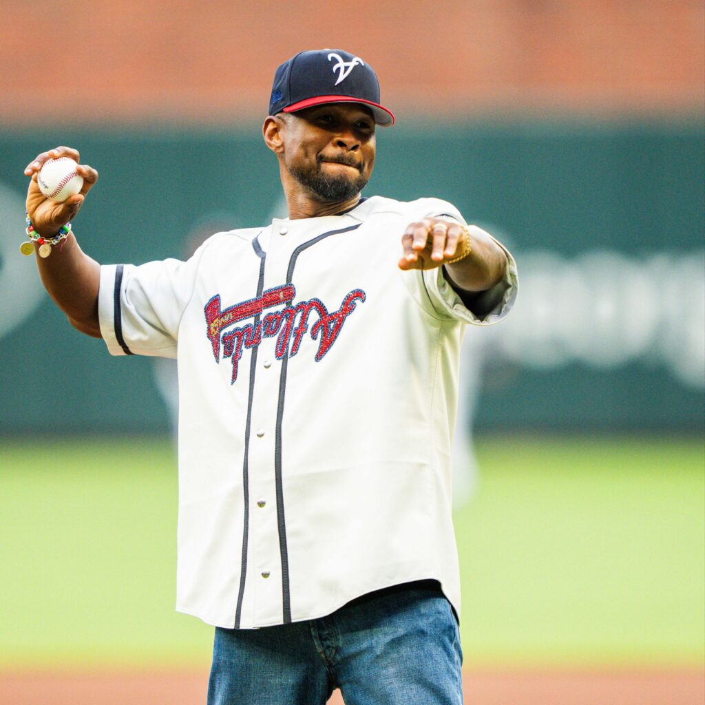 Atlanta Braves ceremonial first pitch with Usher via Vaughn Lowery's 360 MAGAZINE.
