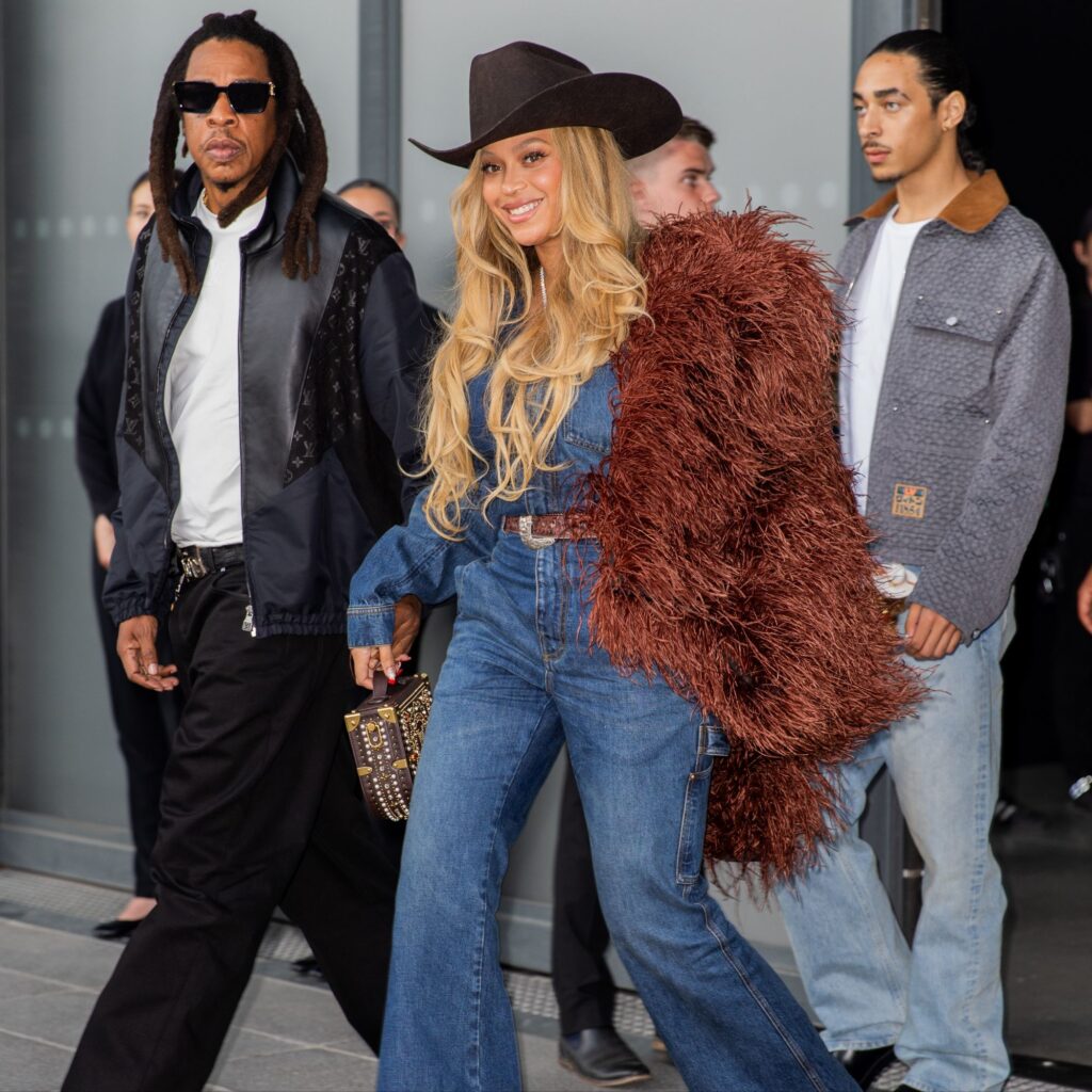 Beyoncé + Jay-Z at Pharrell Williams Louis Vuitton Spring-Summer 2026 Show via Vaughn Lowery's 360 MAGAZINE.