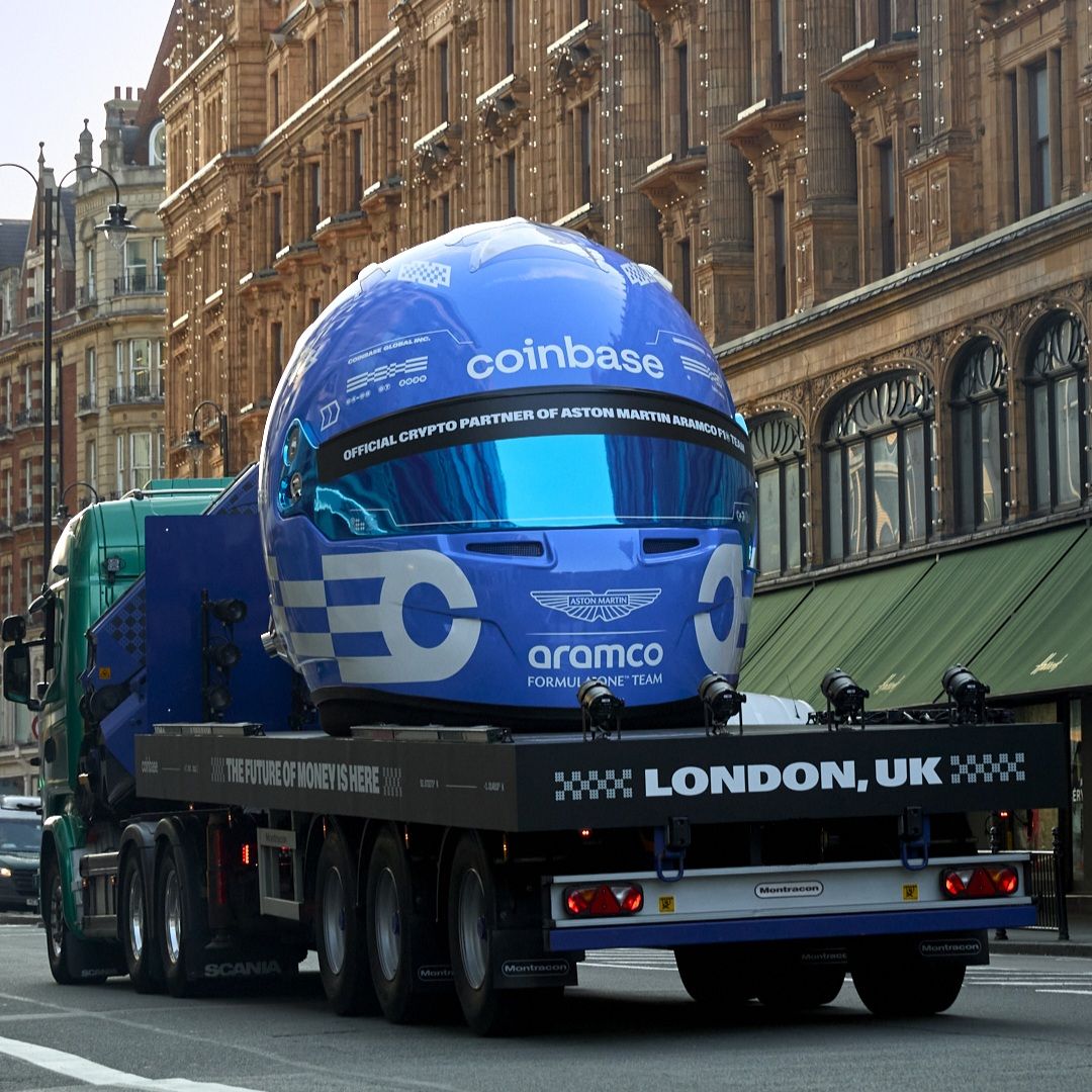 COINBASE CELEBRATES PARTNERSHIP WITH ASTON MARTIN ARAMCO FORMULA ONE™ TEAM AND DEBUTS A GIANT F1 INSPIRED HELMET IN LONDON AHEAD OF BRITISH GRAND PRIX WEEKEND via 360 MAGAZINE.