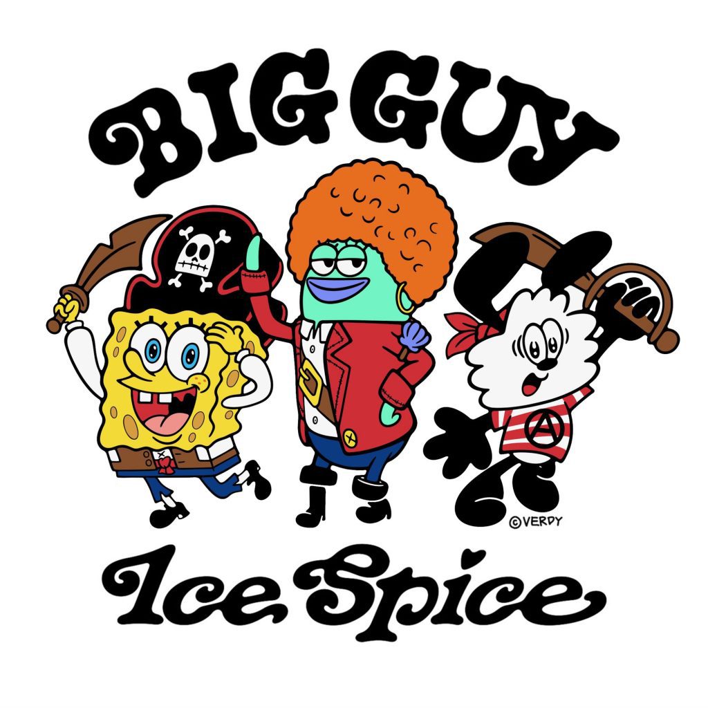 ICE SPICE RELEASES TRACK FOR THE SPONGEBOB MOVIE, graphic art by Verdy via Vaughn Lowery + 360 MAGAZINE. 