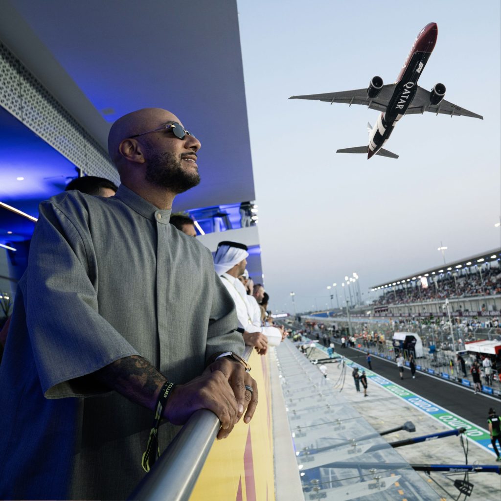 F1 Flyover f/ Swizz Beatz, Kevin Hart, David Beckham, Jessica Alba + Qatar Airways at Qatar Grand Prix via Vaughn Lowery and 360 MAGAZINE.