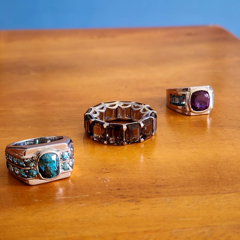 Celebrity artist/photographer Vaughn Lowery designs blue zircon men's rings from Cambodia via 360 MAGAZINE.