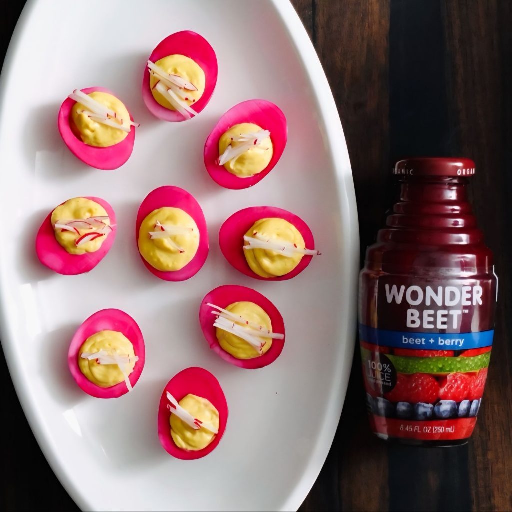Wonder Beet Pink Deviled Eggs via 360 MAGAZINE. 